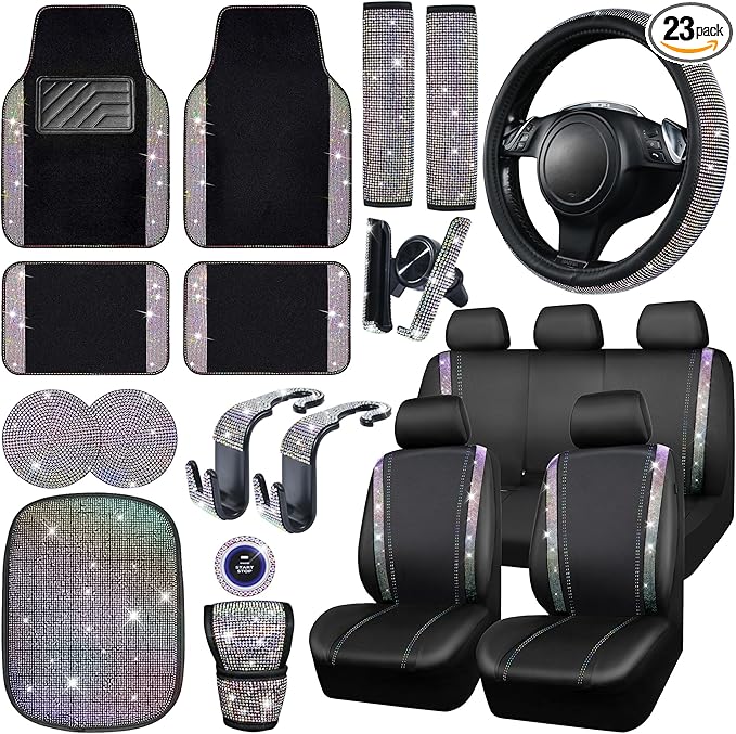 CAR PASS 23 PCS Bling Diamond Car Accessories Set for Women, Leather Car Seat Covers Full Set Sparkly Rhinestone15'' Steering Wheel Covers Shining Diamond Floor Mats Car Interior Sets, Multicolor