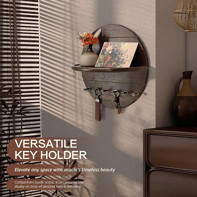 Rebee Vision Acacia Wood Decorative Key Holder Wall Mount for Home Decor- Farmhouse Round Key Holder for Wall with Shelf & 11