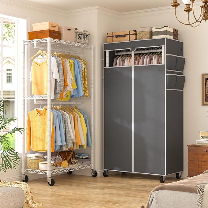 Raybee Rolling Clothes Rack with Cover Clothing Racks for Hanging Clothes Heavy Duty Portable Closet with Wheels Garment Rack