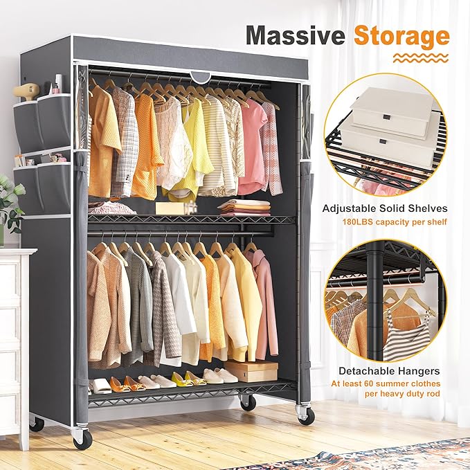 Raybee Clothes Rack with Cover, 45" W Heavy Duty Clothing Racks for Hanging Clothes, Portable Closet with Adjustable Shelves 