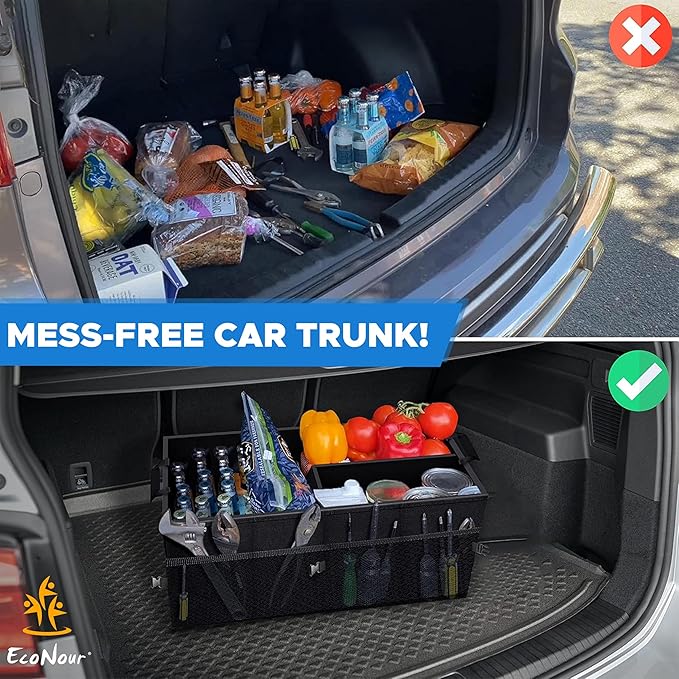 EcoNour Trunk Organizer for Car | SUV Collapsible Cargo Storage Box with Detachable Dividers, Mesh Pockets & Adjustable Straps