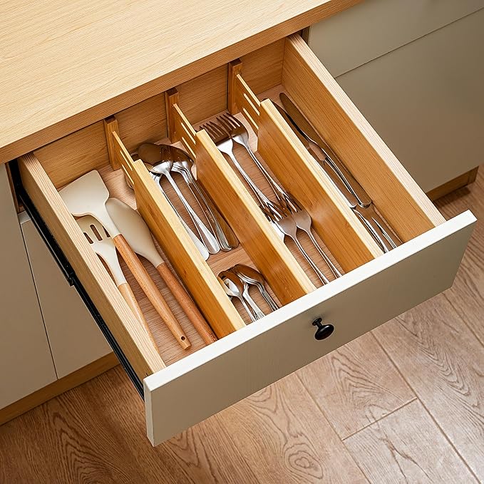 Fabsome Dresser Drawer Organizers 6 Pack, 4.65'' High Adjustable from 12.5-17‘’ Bamboo Drawer Dividers for Clothing Baby Clot