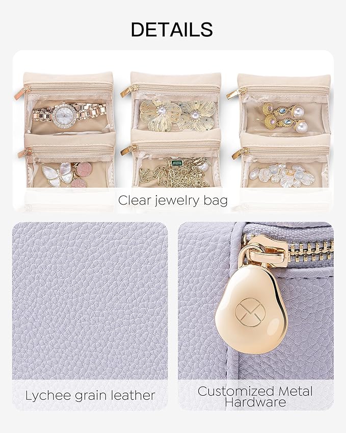 Vlando Jewelry Travel Case,Travel Jewelry Organizer with Clear Velvet Jewelry Bags 6Pcs Zipper Pouch for Women Gift for Her-P