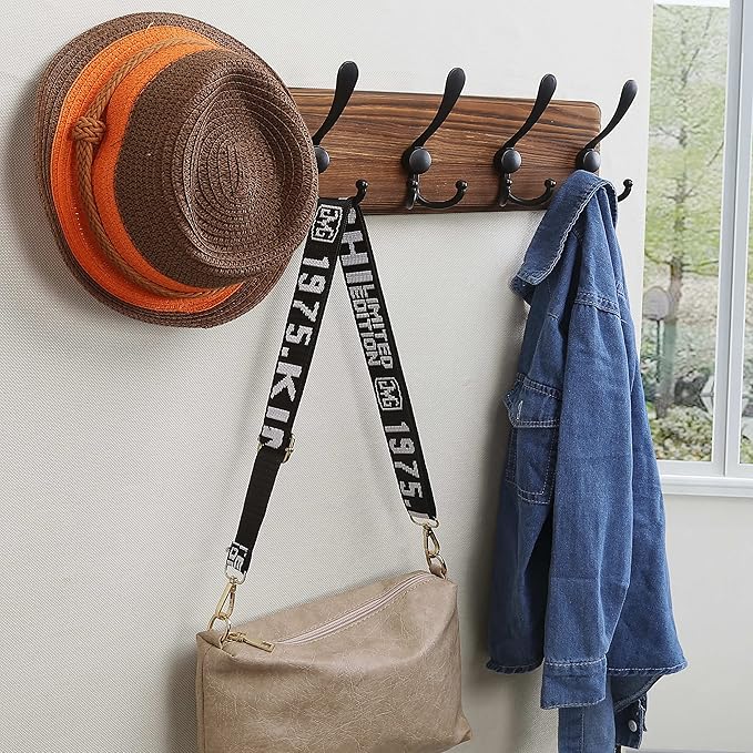 Dseap Coat Rack Wall Mounted - 5 Tri Hooks, Heavy Duty, Wooden Wall Coat Hanger Coat Hook for Clothes Hat Jacket Clothing, Na