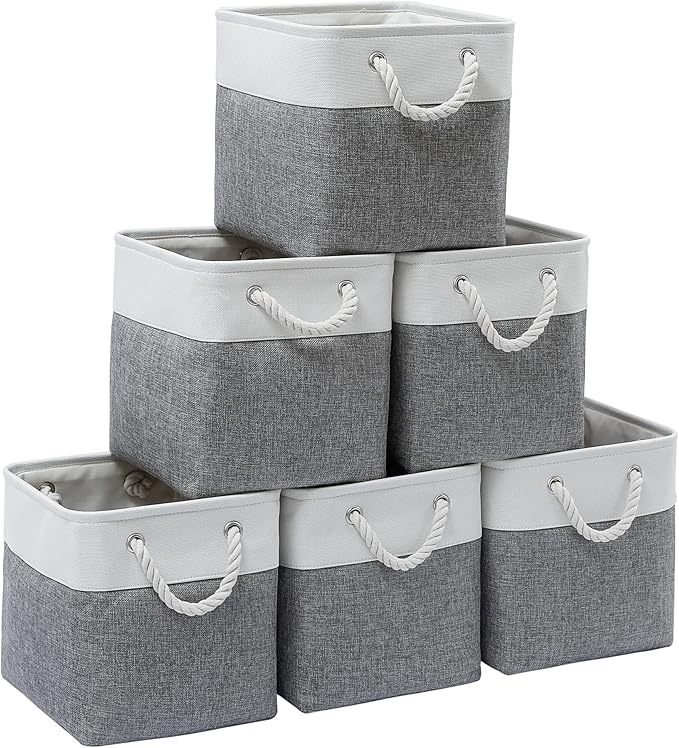 MidmmVick 11 x 11 Inch Cube Storage Bins, 6 Pack Large Collapsible Fabric Storage Bin with Ropes, Foldable Storage Cubes for 