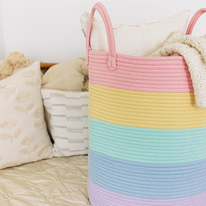 OrganiHaus Large Rainbow Woven Laundry Basket w/Handles 52L, Decorative Toy Storage Bin for Nursery, Colorful Blanket Basket 