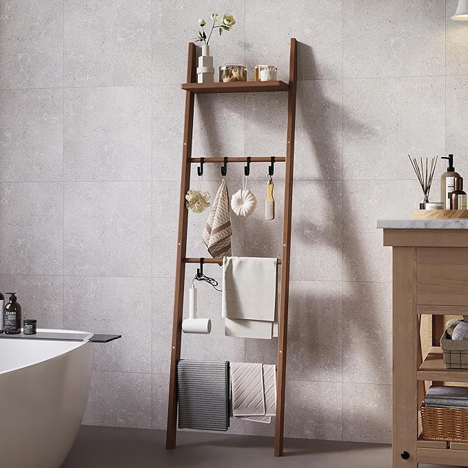 63" Bamboo Blanket Ladder with Shelf and 5 Hooks, 4 Tier Leaning Blanket Rack, Farmhouse Towel Ladder Rack, Decorative Quilt 