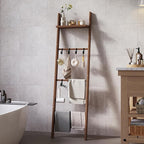 63" Bamboo Blanket Ladder with Shelf and 5 Hooks, 4 Tier Leaning Blanket Rack, Farmhouse Towel Ladder Rack, Decorative Quilt 