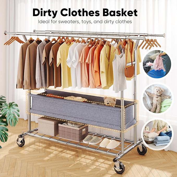 HOKEEPER Clothing Rack Heavy Duty Clothes Rack for Hanging Clothes Load 625LBS Extendable Double Rod Clothes Rack, Adjustable