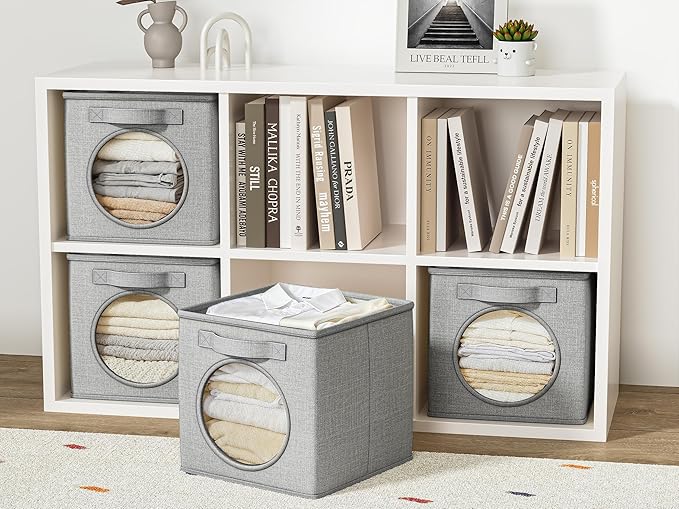 Vailando Ultra Thick Fabric Foldable Storage Bins with Mesh Window - 11 Inch Cube Storage Organizer for Clothes, Shelves, Off