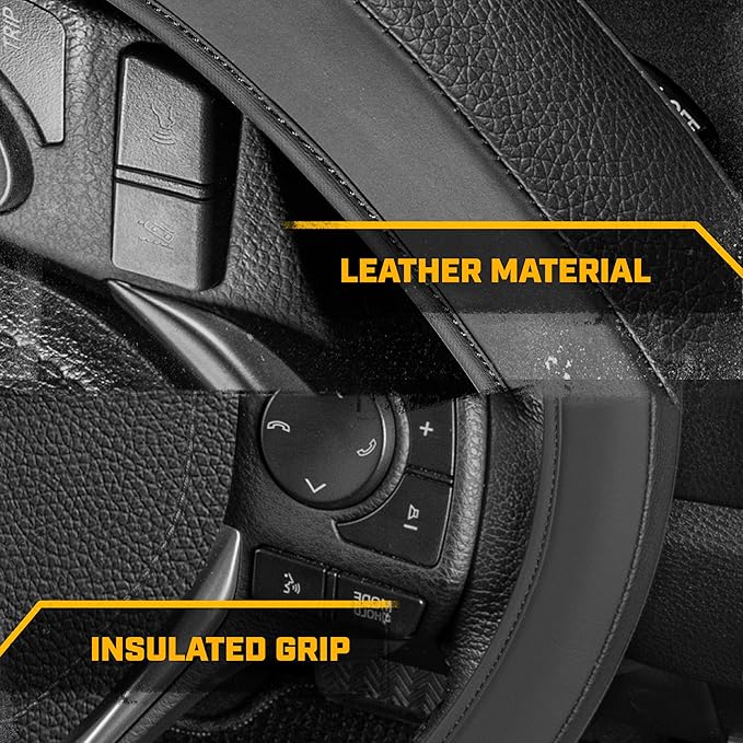 Cat® EasyWrap Faux Black Leather Steering Wheel Cover, Self Wrapping Car Steering Wheel Cover for Auto Truck Van SUV - Standard 14.5" - 15 Inches