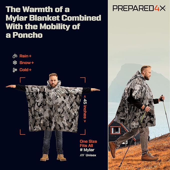 PREPARED4X Emergency Mylar Poncho – Survival Rain Poncho with Hood – Lightweight, Compact, Reusable Emergency Blanket Poncho 