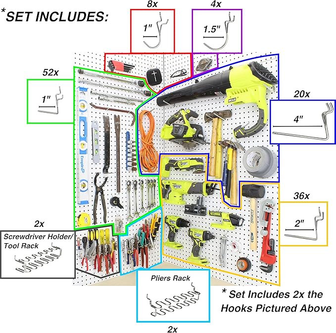 Right-Arrange Peg Board Hooks for Hanging Tools Assortment x2 – Tool Organization Accessories Kit – Organizer Set of 1 inch, 