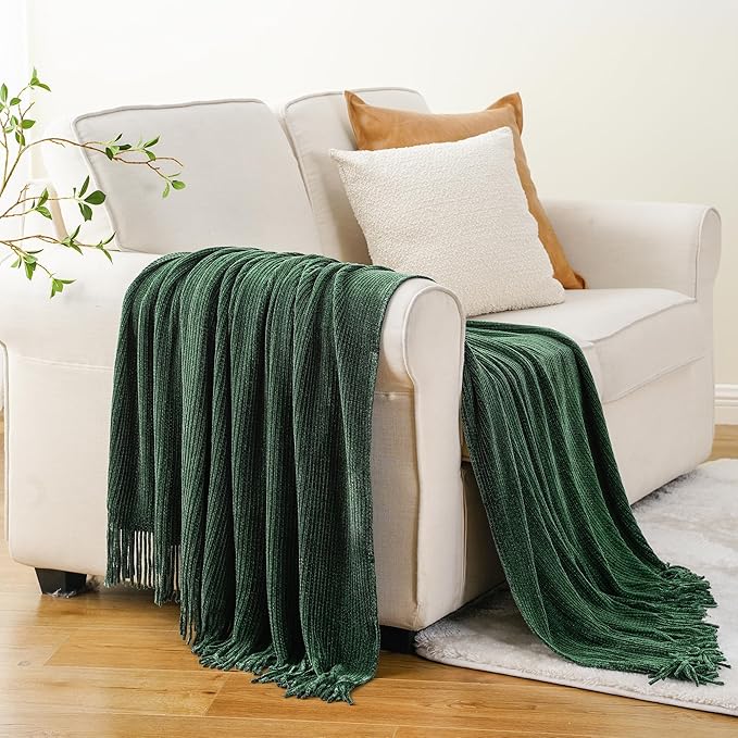 BATTILO HOME Dark Green Throw Blanket for Couch, Soft Chenille Knit Throws with Tassels for Home Decor, Spring Green Throws f