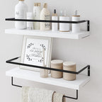 White Wood Floating Shelves Wall Mounted - 2+1 Tier Rustic Bathroom Wall Shelves Over Toilet with Towel Bar, Natural Wood Set