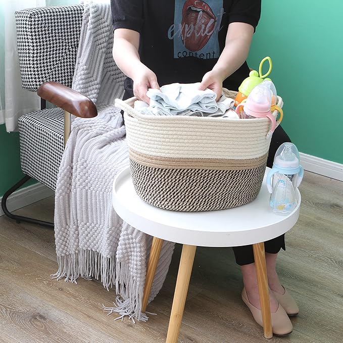 Hinwo Oval Cotton Rope Storage Basket Collapsible Nursery Storage Box Container Organizer with Handles, 13 x 10 inches, Cream