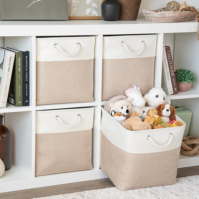 OrganiHaus 13x13 Cube Storage Bins 4 Pack, Foldable Cube Storage Organizer w/ Rope Handles, Collapsible Fabric Bins for Toys,