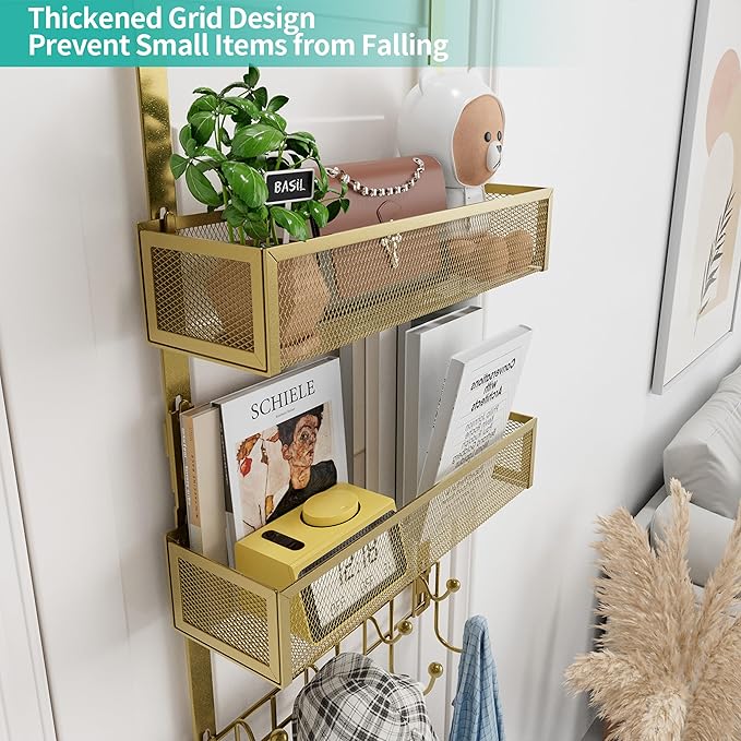 HapiRm Over The Door Hanger with Coat Hooks and 2 Baskets, Rustproof & Waterproof Over The Door Hooks, Storage Organizer for 