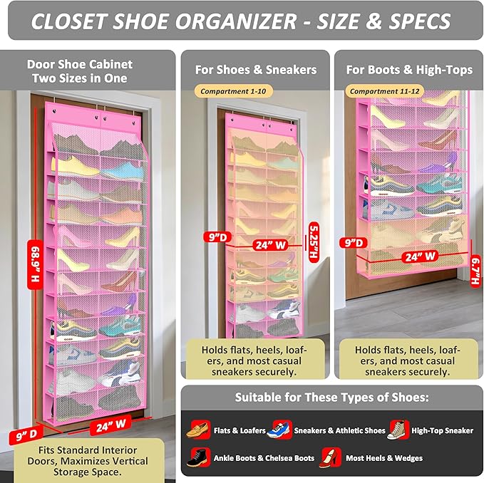 Kotkn 24-Pair Over Door Shoe Organizer for Family & Kids, Double Sided | Hanging Storage for Sneakers, Boots, Toys & Room Org