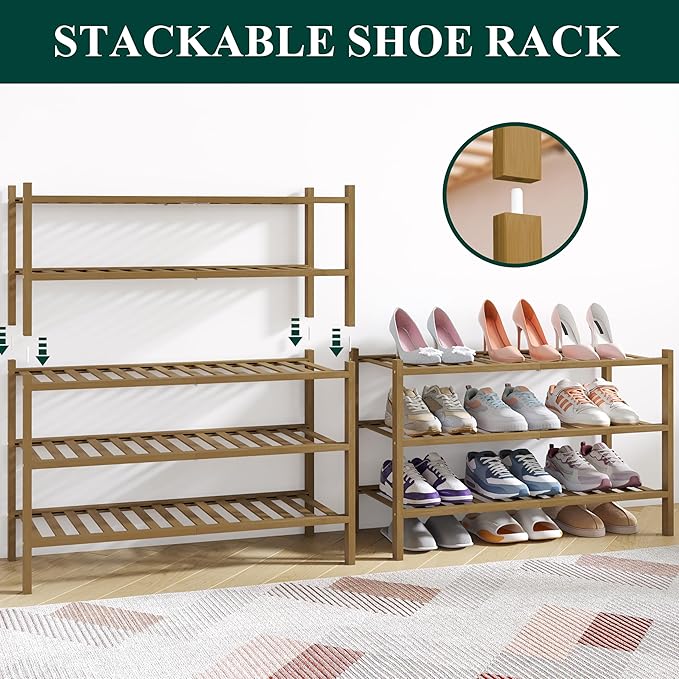 Smiry Bamboo Shoe Rack for Closet, 3 Tier Wooden Stackable Shoe Organizer, Free Standing Shoes Storage Shelf for Entryway, Fr
