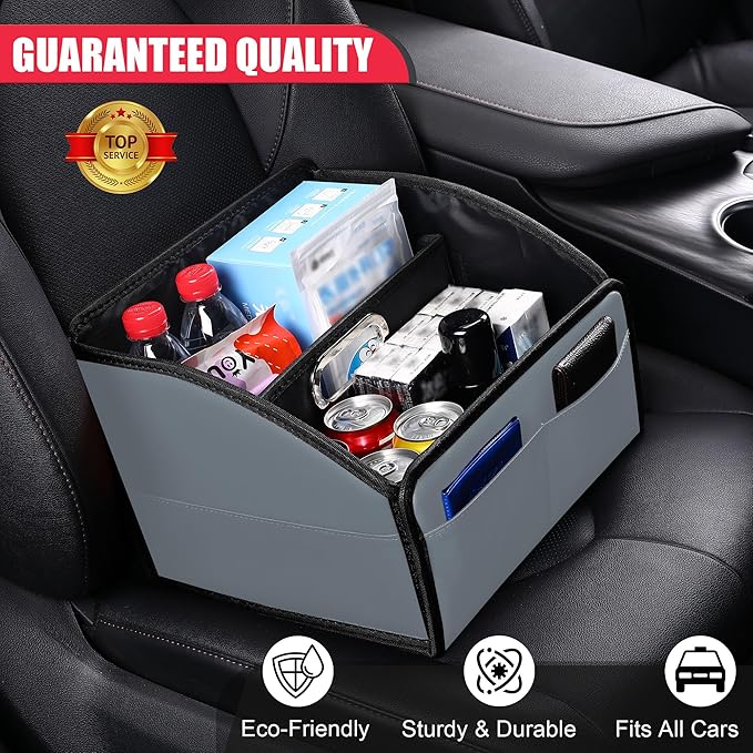 Car Storage Organizer [2025 UPDATED] Leather Car Caddy Basket for Front Seat Floor Back Seats Metal Handle 6 Compartments Adj