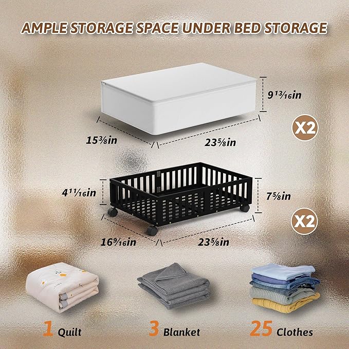 Bamboo Under Bed Storage Containers with Wheels, 2 Pack Under the Bed Shoe Storage Bins, Wood Rolling Underbed Drawers Organi