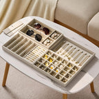 Velvet Jewelry Drawer Organizer Trays – Large Beige Stackable Jewelry Storage Inserts Set, 4-Layer Jewelry Tray Set for Earri