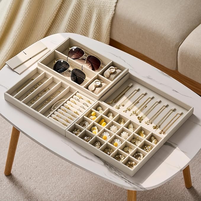 Velvet Jewelry Drawer Organizer Trays – Large Beige Stackable Jewelry Storage Inserts Set, 4-Layer Jewelry Tray Set for Earri