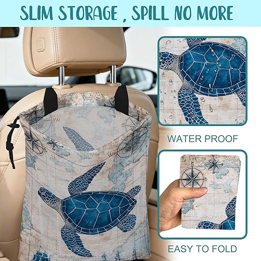 Car Garbage Bag Vintage Blue Sea Turtle Sailing Ships Drawstring Car Trash Bag Hanging for Back Seat with Adjustable Buckle Canvas Vehicle Trash Can Easy-to-Install