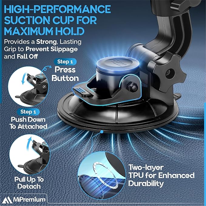 MiPremium Car Suction Cup Mount for GoPro Hero 13 12 11 10 9 8 7 6 5 4 3 3+ 2 Session Black Silver XIAOYI 4K SJCAM Yi Sports Action Camera Dash Cam holder perfect for Boats Vehicle Windshield & Window