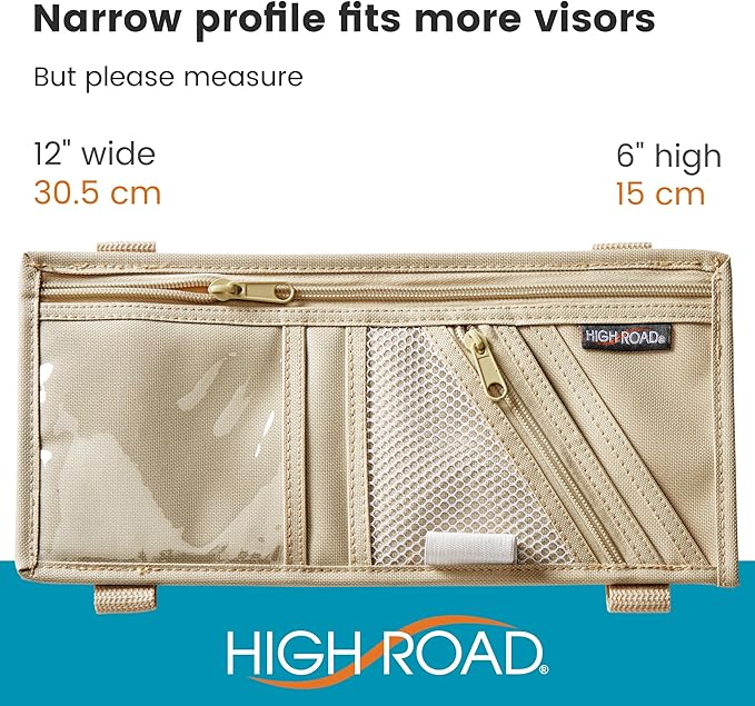 High Road Car Visor Organizer with Zippered Pockets, Sunglasses Sleeve and Clear Photo or Registration and Insurance Pocket - Heavy Duty Straps Fit Most Car, SUV and Truck Visors - Tan