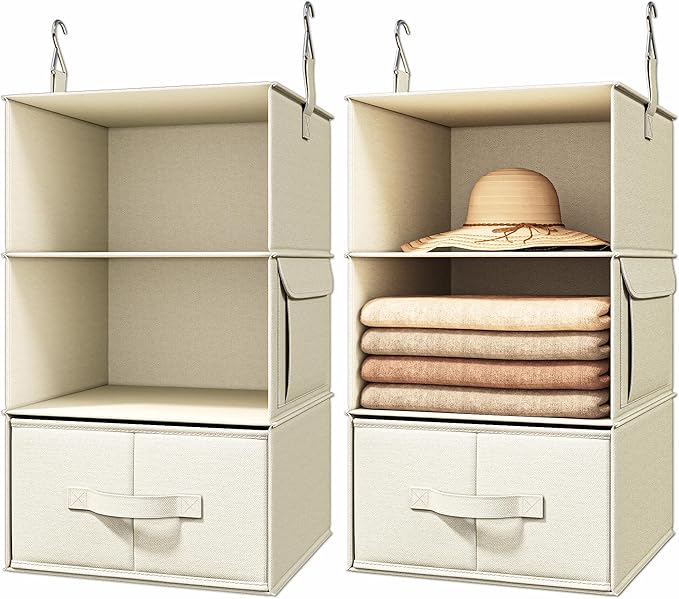 Vailando 3-Shelf Hanging Closet Organizer, Set of 2 Hanging Shelves with 2 Drawers for Wardrobe, Nursery, Baby Clothes Storag