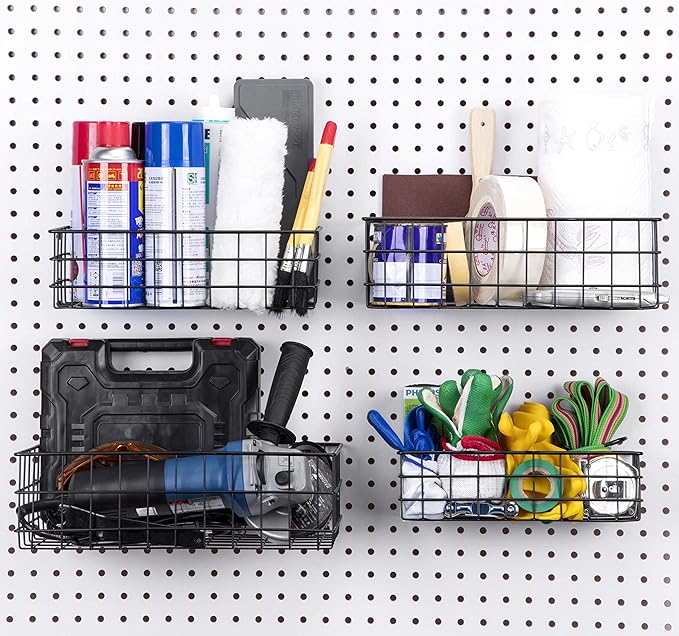 Pegboard Baskets, Set of 4 Black - Hooks to Any Peg Board - Pegboard Accessories, Square Style Wire Shelf Baskets - Organize 