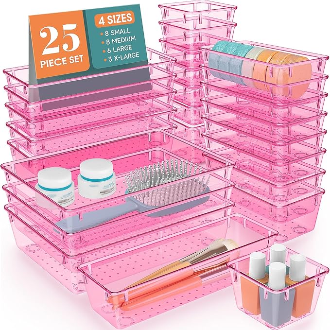 WOWBOX 25 PCS Plastic Drawer Organizer Set, 4 Sizes Desk Drawer Divider Organizers and Storage Bins for Makeup, Jewelry, Gadg