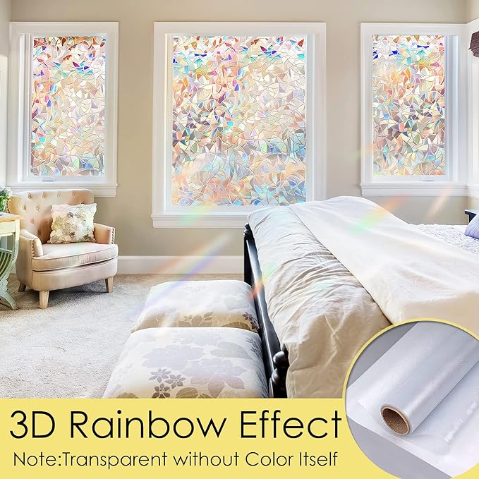 STATINT Privacy Window Film,Decorative Stained Glass Film,Rainbow Static Cling Heat Control Non-Adhesive Window Stickers for Home Door Decals,17.3 Inch X 13.1 Feet