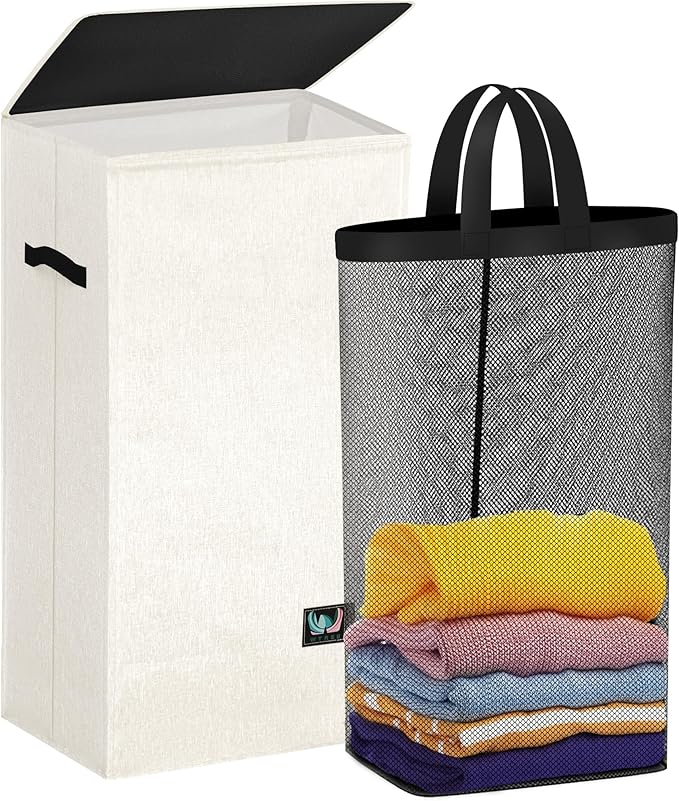 WTREE Laundry Hamper with Lid, Reinforced Sturdy Clothes Hamper with Anti-Puncture Base, Large Collapsible Laundry Basket wit
