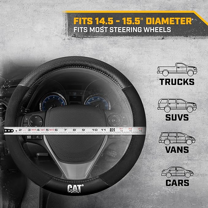 Cat® Steering Wheel Cover - Suede/PU Leather Black/Gray w/Chrome Logo, Durable & Comfortable with Advanced Grip, Car Steering Wheel Cover for Auto Truck Van SUV - Standard 14.5" - 15 Inches