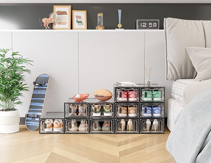 SIMPDIY Shoe Storage, 12 Pack Shoe Organizer for Closet, Shoe Boxes Clear Plastic Stackable Shoe Containers with Lids for Siz