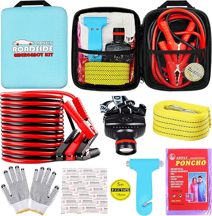 Car Emergency Roadside Tool Kit, Auto Emergency Kits Vehicles, with Jumper Cables kit，Car Safety Roadside Assistance Kit,Head