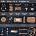 25PCS Bling Car Car Accessories Set,15 Inch Steering Wheel Cover,Shiny License Plate Frame,Center Console Cover and Rearview Mirror Set and Other Car Accessories(Orange)