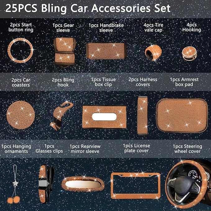 25PCS Bling Car Car Accessories Set,15 Inch Steering Wheel Cover,Shiny License Plate Frame,Center Console Cover and Rearview Mirror Set and Other Car Accessories(Orange)