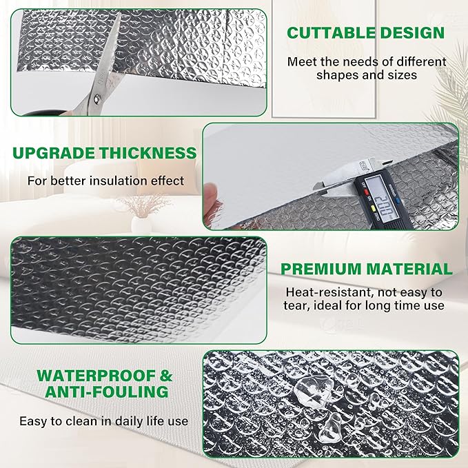 winemana Window Insulation Roll, 48IN x 10FT Reflective Heat Shield Bubble Film, Double-Sided Aluminum Foil Insulation, Weatherproof Garage Door Cover for Windows, RV, Basement, Winter & Summer