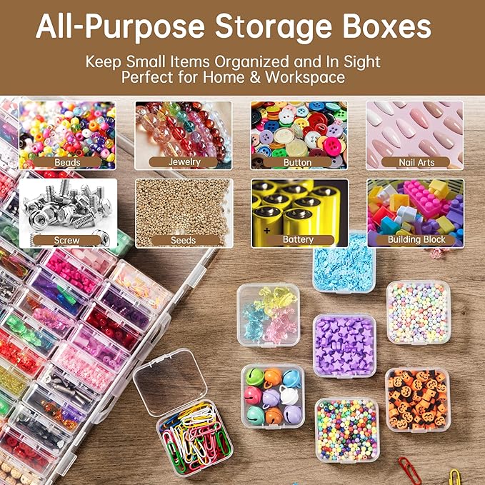 Bead Organizer Box, 60 Pack Small Clear Storage Boxes with Labels, Large Travel Craft Case with Handle, Mini Plastic Containe