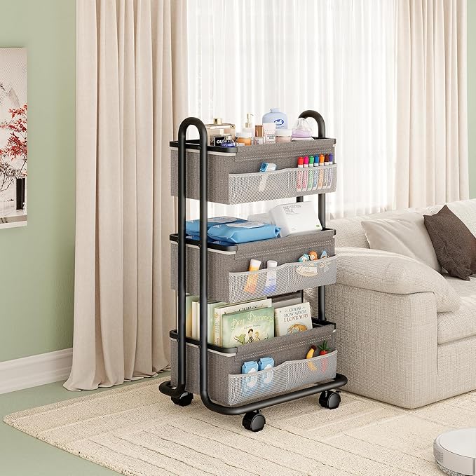 3-Tier Baby Diaper Caddy Organizer Cart, Mobile Nursery Storage Carts with Wheels, 3 Dividers & 6 Mesh Pockets Durable Metal 