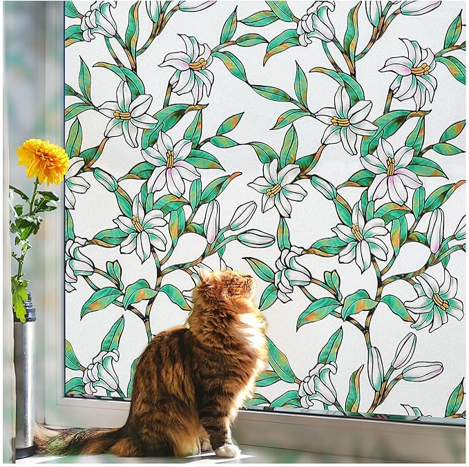 Coavas Static Cling Privacy Window Film, 96% UV & Heat Blocking, Stained Glass Window Film Floral Design, Non-Adhesive, for Bathroom, Front Door, Shower Enclosure‌ (Vinyl, 17.5" X 78.7 ")