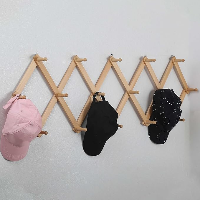 WEBI Accordion Wall Hanger,Expandable Wooden Coat Rack Wall Mounted,Accordion Hat Rack for Wall Rack for Hats,Caps,16 Peg Hoo