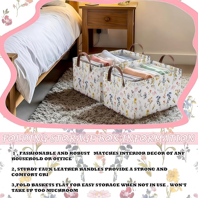 Boao 3 Pcs Watercolor Wildflowers Storage Bin Wildflowers Collapsible Large Storage Baskets for Gifts Canvas Laundry Basket F
