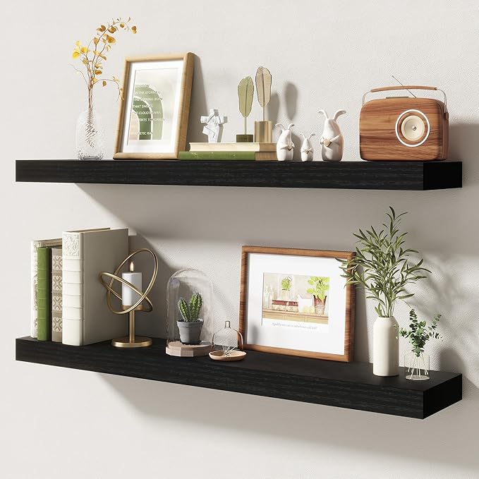 36 Inch Floating Shelves | 6.5 Inch Deep Black Floating Shelves Set of 2 | 36" W x 6.5" D Rustic Black Wood Wall Shelves with