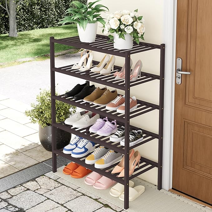 Smiry Shoe Rack, 5 Tier Thick Bamboo Shoe Organizer, Stackable Free Standing Wooden Shoe Storage Shelf for Closet, Entryway, 