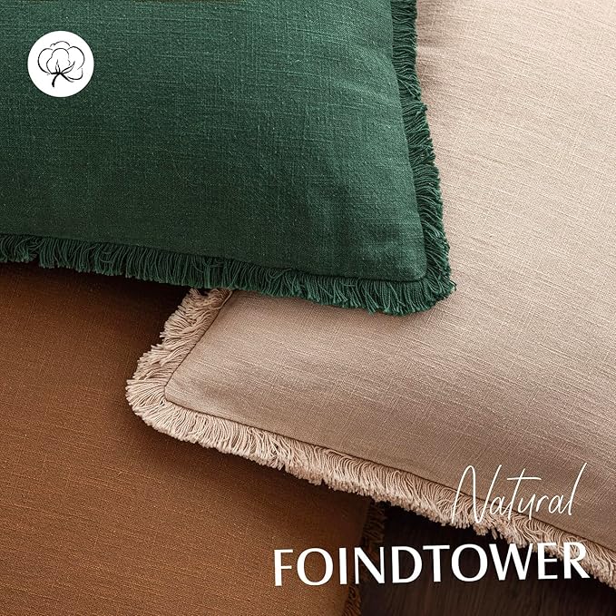 Foindtower Set of 2 Decorative Linen Fringe Lumbar Throw Pillow Covers Boho Farmhouse Cushion Cover with Tassels Soft Accent 